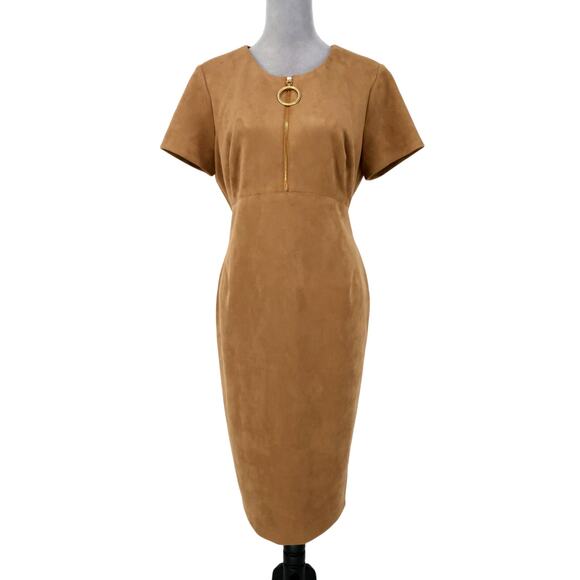Calvin Klein Dress Womens 14 Rust Brown Microsuede Sheath Fitted Back Zip Career - Picture 1 of 16